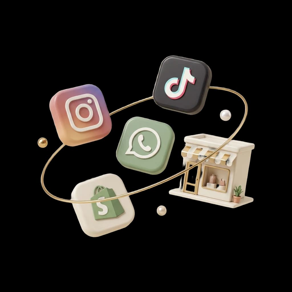 Altın bir halkanın çevresinde süzülen üç boyutlu simgeler: Instagram, TikTok, WhatsApp, Shopify ve vitrininde mankenler olan minyatür bir butik