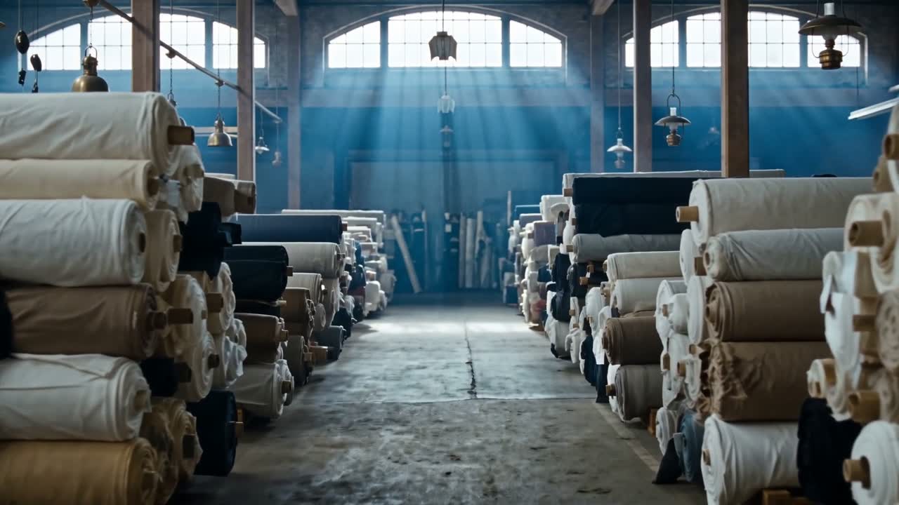 A fabric warehouse, bolts of cloth stacked to the ceiling