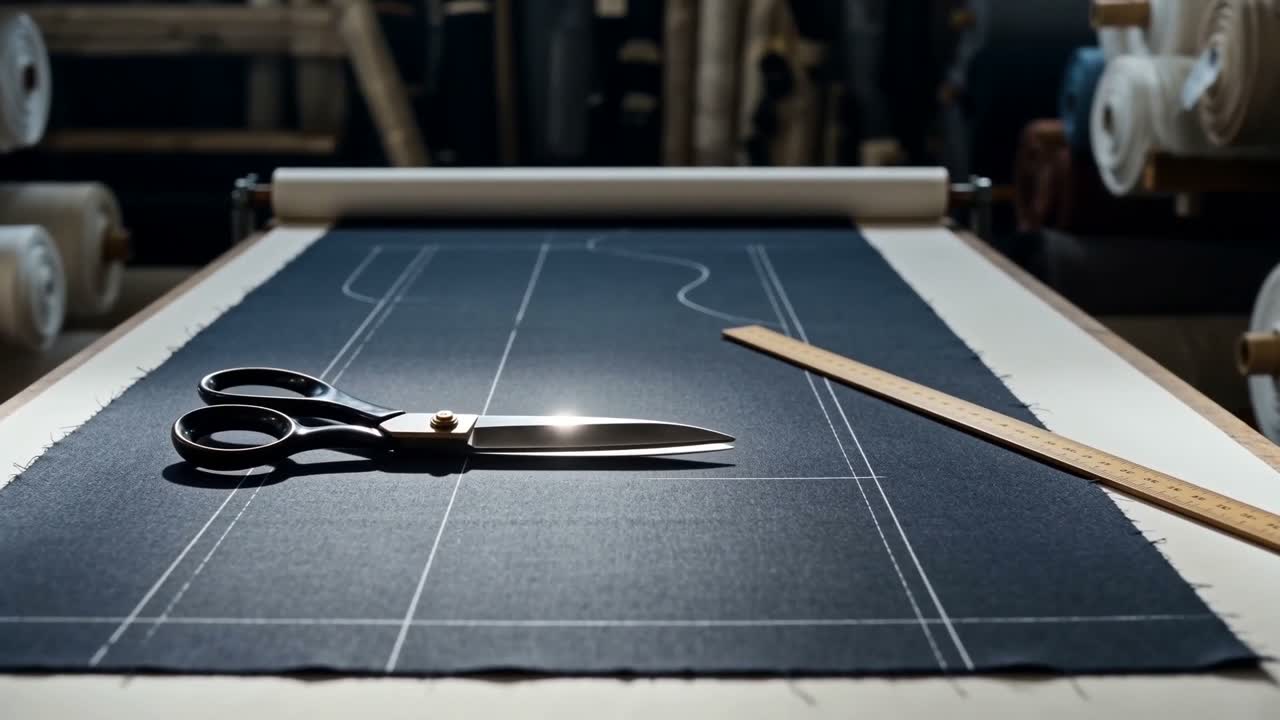 A cutting table with pattern markings and tailor's shears