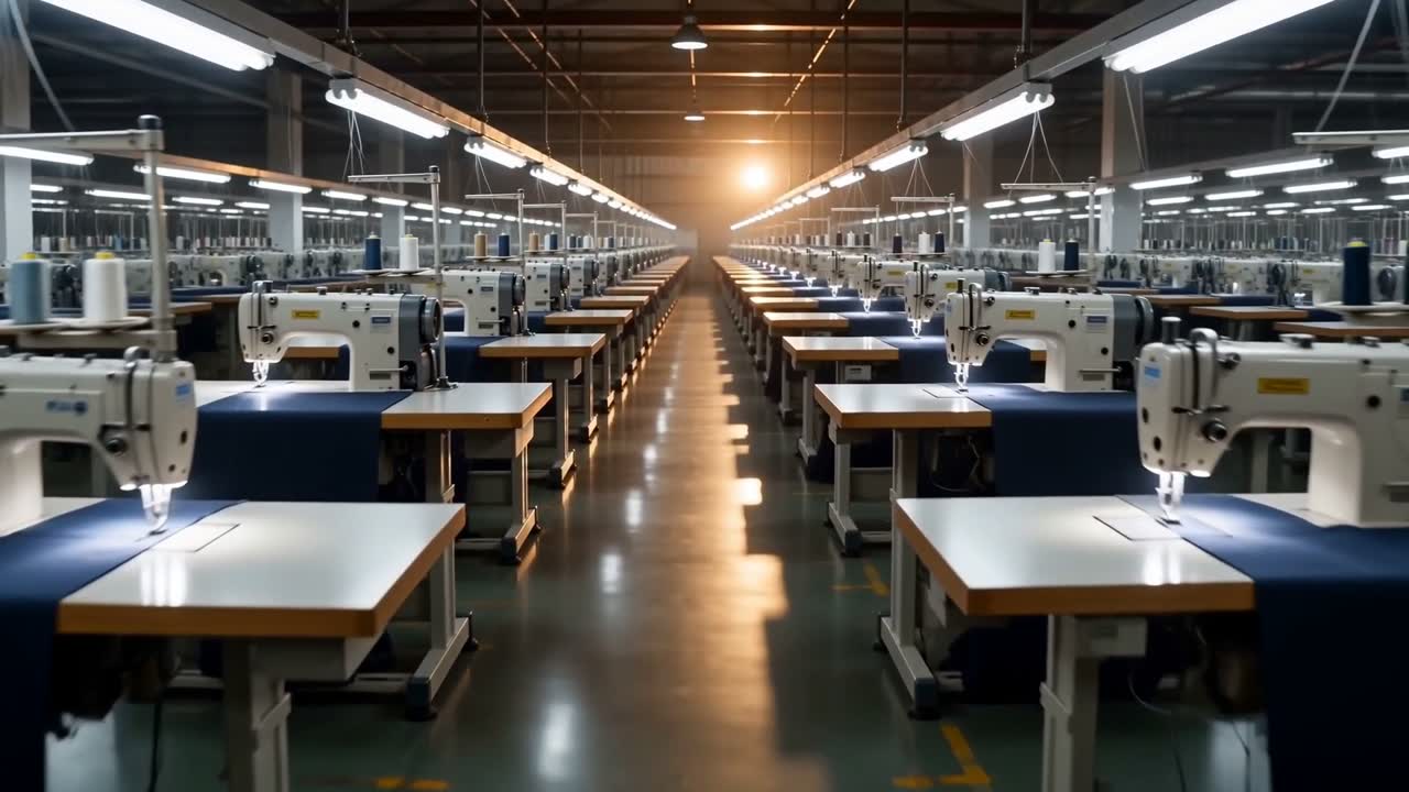 A sewing floor, rows of industrial machines