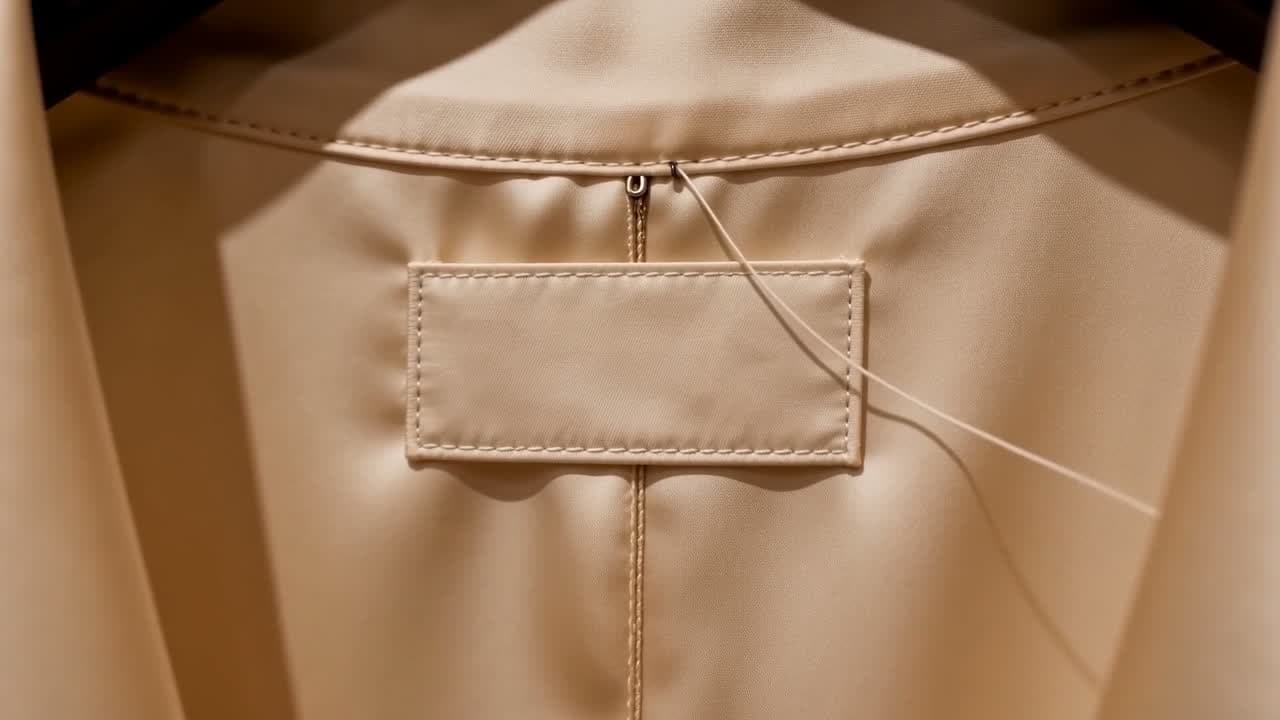 A blank woven label being sewn into a finished piece